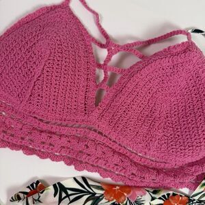 Madden Crochet Bralette Crop Top Floral Tie Back Top Womens M Pink Boho Festival